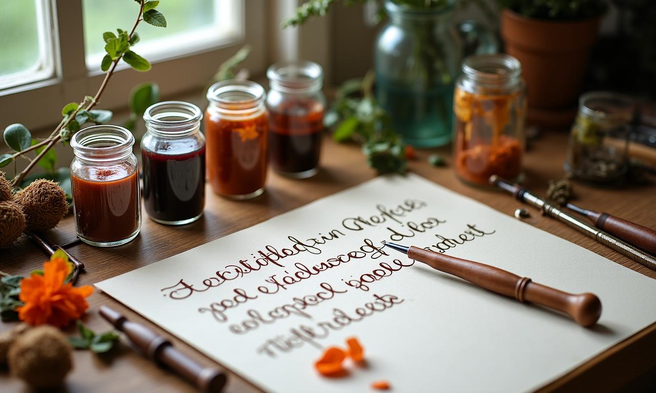 Assortiment de flacons d'encres naturelles et plumes de calligraphie sur une table en bois