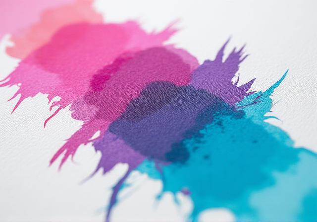 Nuancier d'encres botaniques allant du rose au bleu sur papier aquarelle