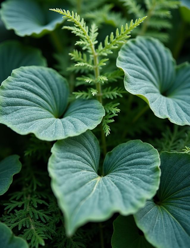 Gros plan sur des feuilles de Hostas et des fougères dans un pot en terre cuite