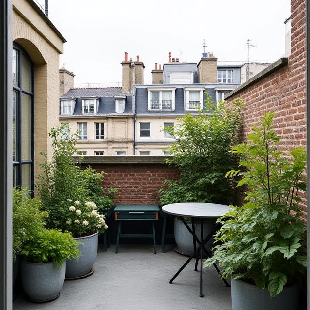 Petite terrasse parisienne avec plantes grimpantes et calligraphie murale