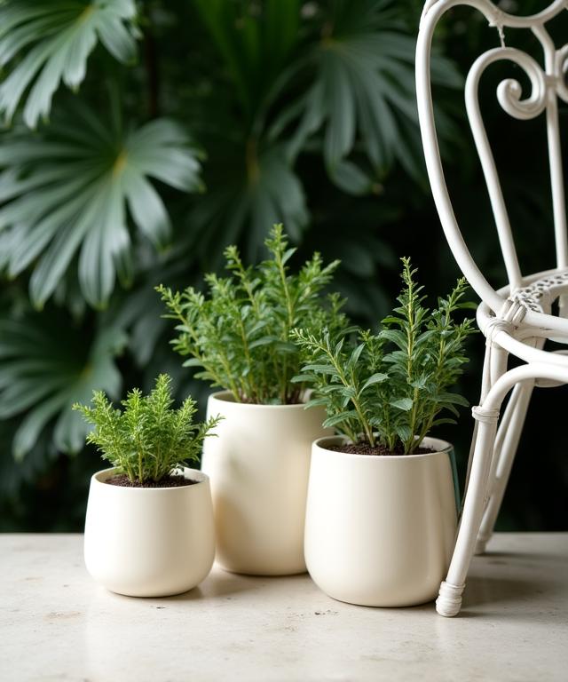 Poteries claires et mobilier blanc dans un recoin ombragé